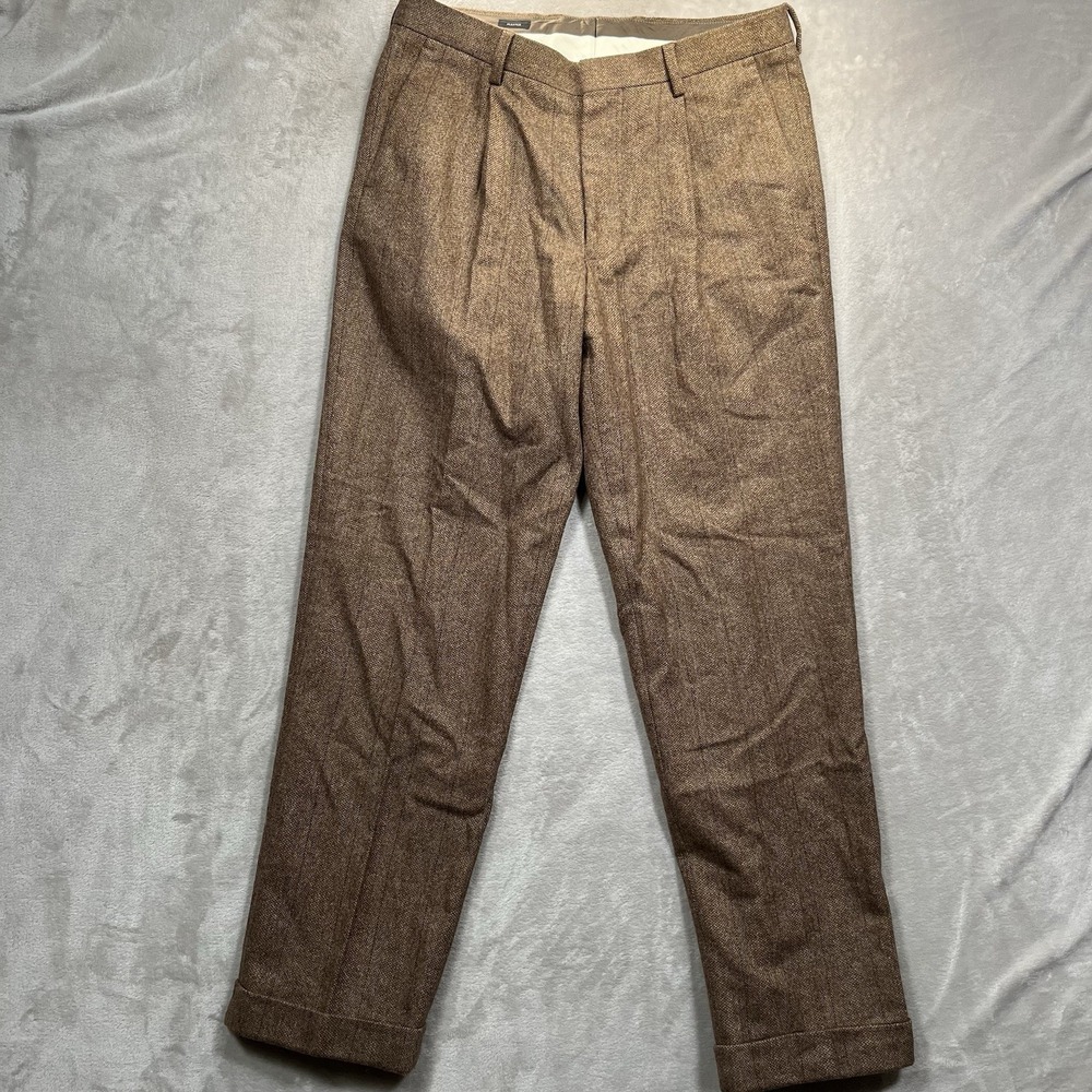 J.Crew Ludlow Pants Pleated Wool Brown Herringbone Cuffed 31x32 (32x31)